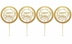 Pasta Kürdanı – Happy Birthday Temalı, Gold Yaldızlı Beyaz Tasarım