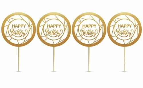 Pasta Kürdanı – Happy Birthday Temalı, Gold Yaldızlı Beyaz Tasarım - 1