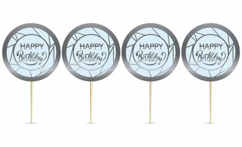 Pasta Kürdanı – Happy Birthday Temalı, Gümüş Yaldızlı Mavi - 1