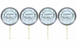 Pasta Kürdanı - Happy Birthday Temalı, Gümüş Yaldızlı Siyah