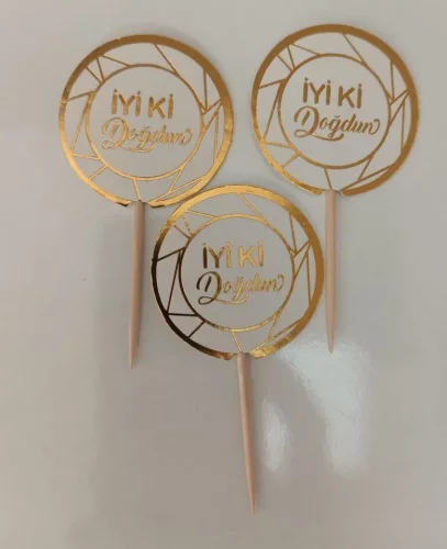 Pasta Kürdanı – İyi Ki Doğdun Temalı, Gold Yaldızlı Beyaz  - 1