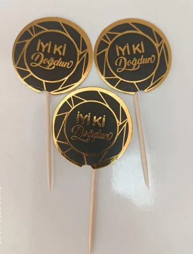 Pasta Kürdanı – İyi Ki Doğdun Temalı, Gold Yaldızlı Siyah  - 1