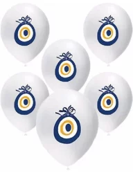 Beyaz-Mavi Nazar Boncuğu Baskılı Balon 12 inç (10 adet)
