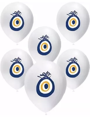 Beyaz-Mavi Nazar Boncuğu Baskılı Balon 12 inç (10 adet) - 1