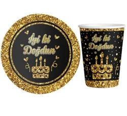 Gold İyi Ki Doğdun Karton Tabak Bardak Set 8'li