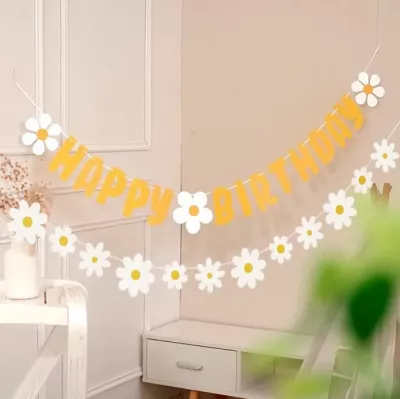 Happy Birthday Banner ve Papatya Eva Set - Sarı - 12’li - 1