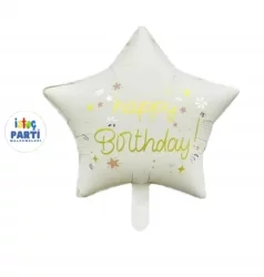 Happy Birthday Yazılı Yıldız Folyo Balon - Krem Renk