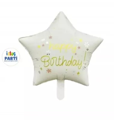 Happy Birthday Yazılı Yıldız Folyo Balon - Krem Renk - 1