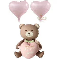 Love You Yazılı Retro Pembe Kalpli Oturan Ayı Folyo Balon