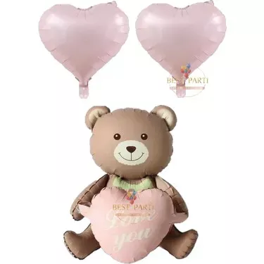 Love You Yazılı Retro Pembe Kalpli Oturan Ayı Folyo Balon - 1