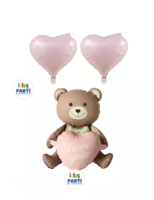 Love You Yazılı Retro Pembe Kalpli Oturan Ayı ve Kalpli Folyo Balon Set - 1