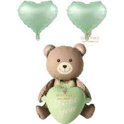 Love You Yazılı Retro Yeşil Kalpli Oturan Ayı ve Kalpli Folyo Balon Set