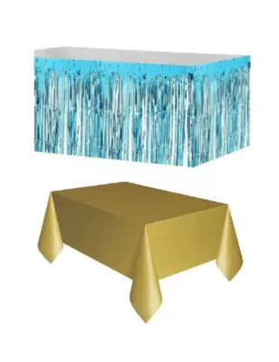Mavi Metalize Masa Eteği + Plastik Gold Masa Örtüsü - 1