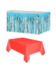 Mavi Metalize Masa Eteği + Plastik Kırmızı Masa Örtüsü