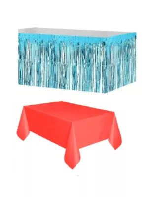Mavi Metalize Masa Eteği + Plastik Kırmızı Masa Örtüsü - 1