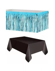 Mavi Metalize Masa Eteği + Plastik Siyah Masa Örtüsü