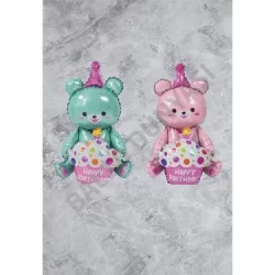Oturan Ayı Folyo Balon Set - Yeşil-Pembe - 2’li