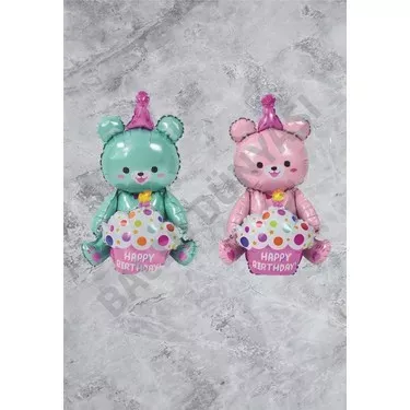 Oturan Ayı Folyo Balon Set - Yeşil-Pembe - 2’li - 1