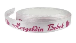 Saten Kurdele Hoşgeldin Bebek Yazılı 1 cm x 10 mt Pembe
