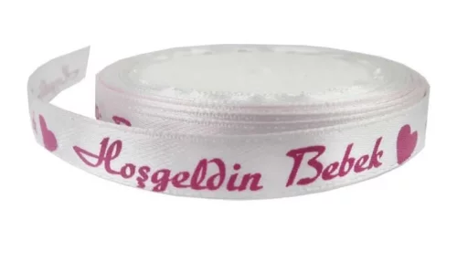 Saten Kurdele Hoşgeldin Bebek Yazılı 1 cm x 10 mt Pembe - 1