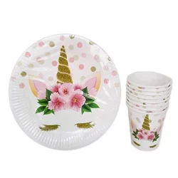 Unicorn Çiçekli Karton Tabak Bardak Seti 8'li